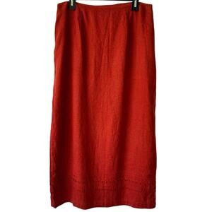 Coldwater Creek Women’s L Linen Maxi Skirt Orange Embroidered Hem Cottagecore